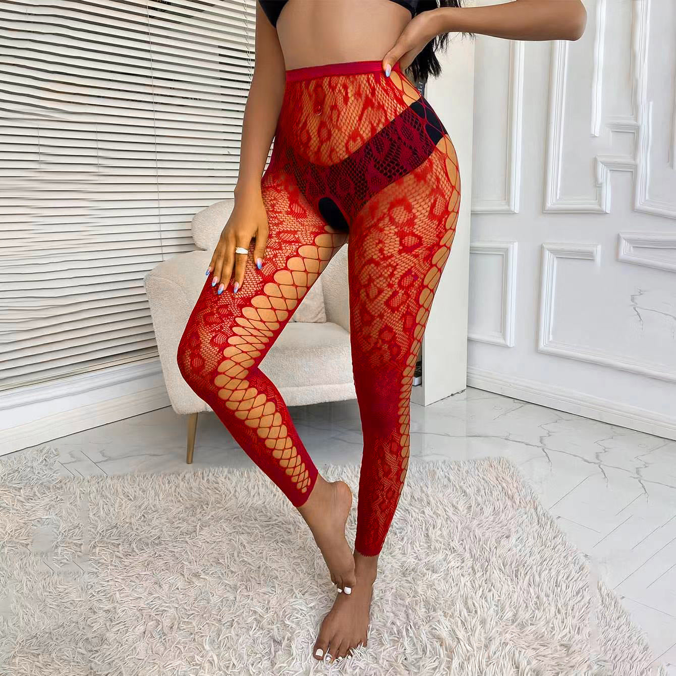 Image of Side cut-out lace open black stockings, feminine fishnet stockings, niche design pants, cropped pantyhose royal sister style
